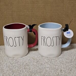 Rae‎ Dunn Frosty Snowman Mug Set of 2 Red & Blue Handles Christmas LL NEW